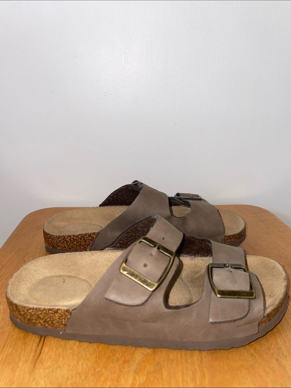 Kids Taupe Double-Buckle Cork Footbed Slide Sandals Size 12